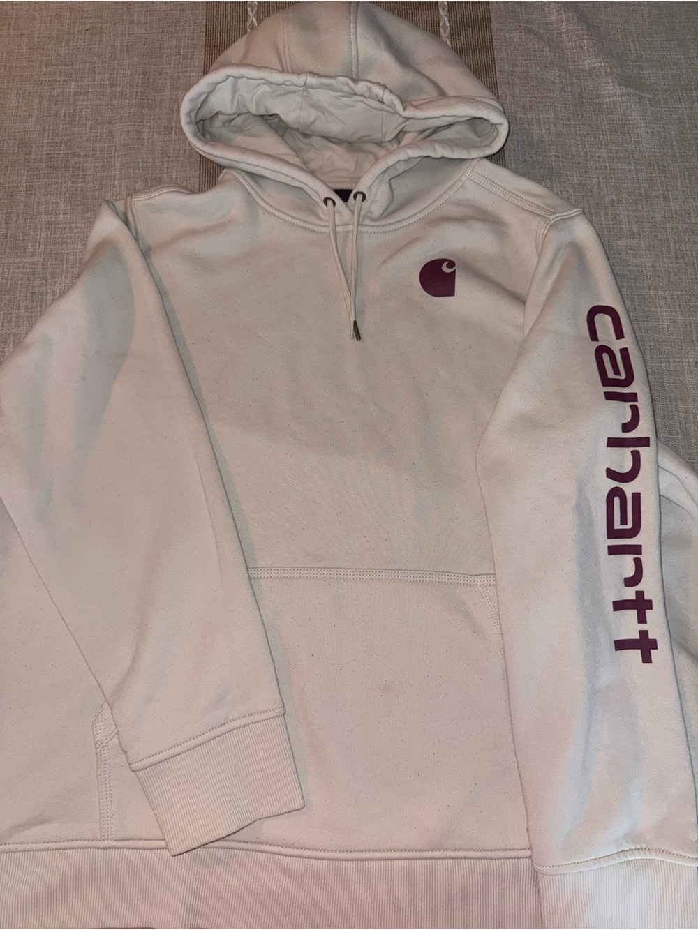Carhartt Men's Cream Crewneck Hoodie with Purple Logo
